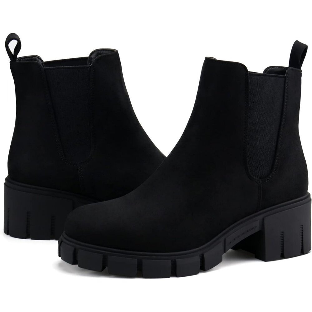 Women Black Suede Double Elastic Slip on Mid Heel Platform Chelsea Ankle Booties - Picture 5 of 6